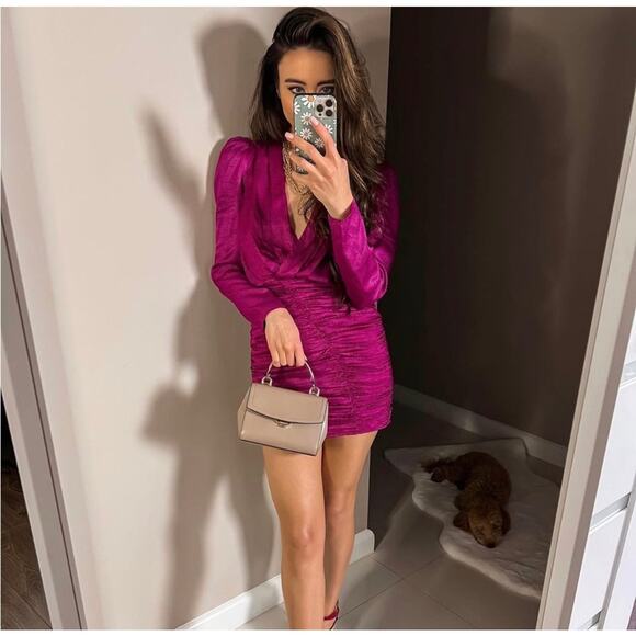 ZARA BLOGGER FAVORITE SATIN EFFECT PRINT DRESS FUCHSIA - Picture 8 of 14